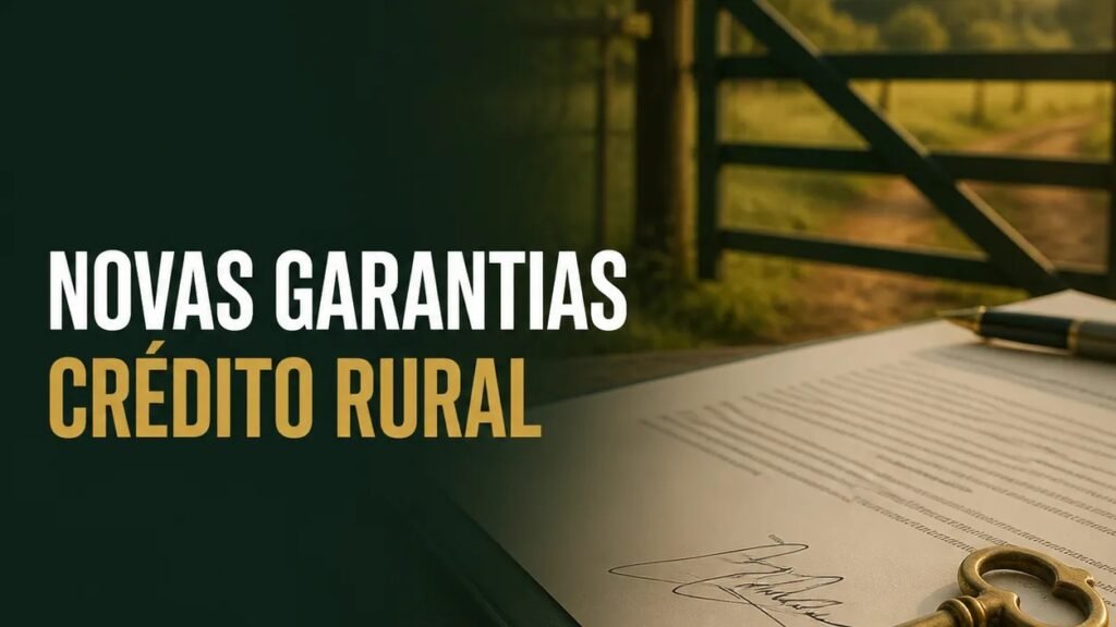Área rural e documentos de crédito que representam a análise de garantias em financiamento rural