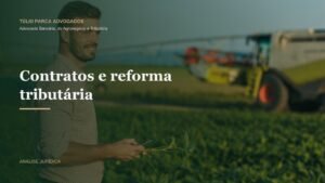 Lavoura ao entardecer com produtor rural ao fundo, representando contratos de longo prazo no agronegócio